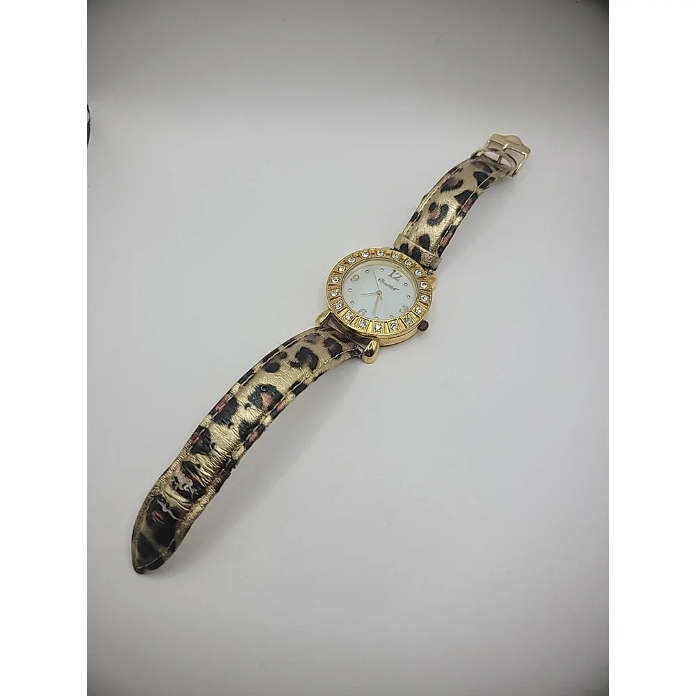 Vintage Bombshell Wristwatch Watch Leopard Print Strap Rhinestones Jewelry